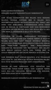 BEM Malang Raya Menarik Diri Dari Rencana Unjuk Rasa, Lebih Mengutamakan Keselamatan Mahasiswa Dan Rakyat